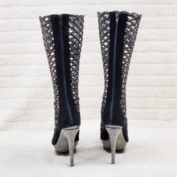 Fantasia Cutout Genuine Suede Rhinestone Boot 6" Heel Knee Boots - Picture 6 of 12